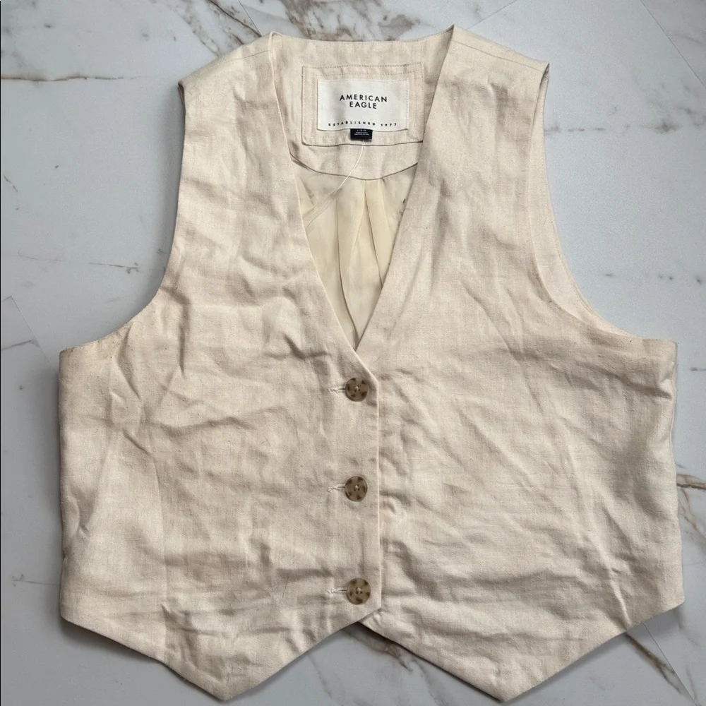 American Eagle Linen Blend Cream Vest Sz L Boho Festival Natural - Picture 5 of 11